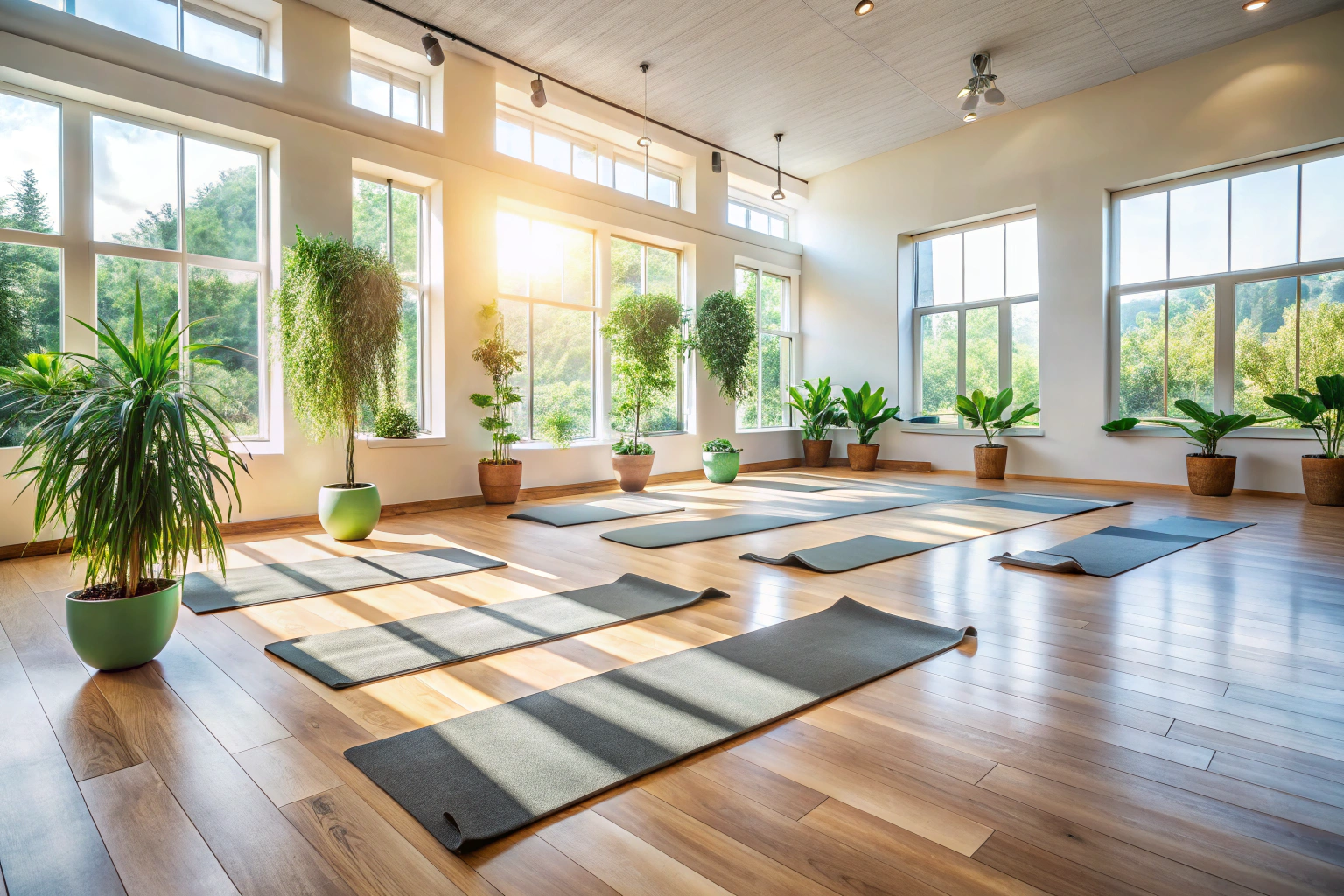 Eine friedliche Yoga-Studio-Szene mit mehreren Yoga-Matten, die ordentlich auf einem hellen Holzboden ausgelegt sind, umgeben von dezenten Pflanzen und weichem Licht, das durch große Fenster fällt, ohne jegliche Schriftzüge oder erkennbare Symbole