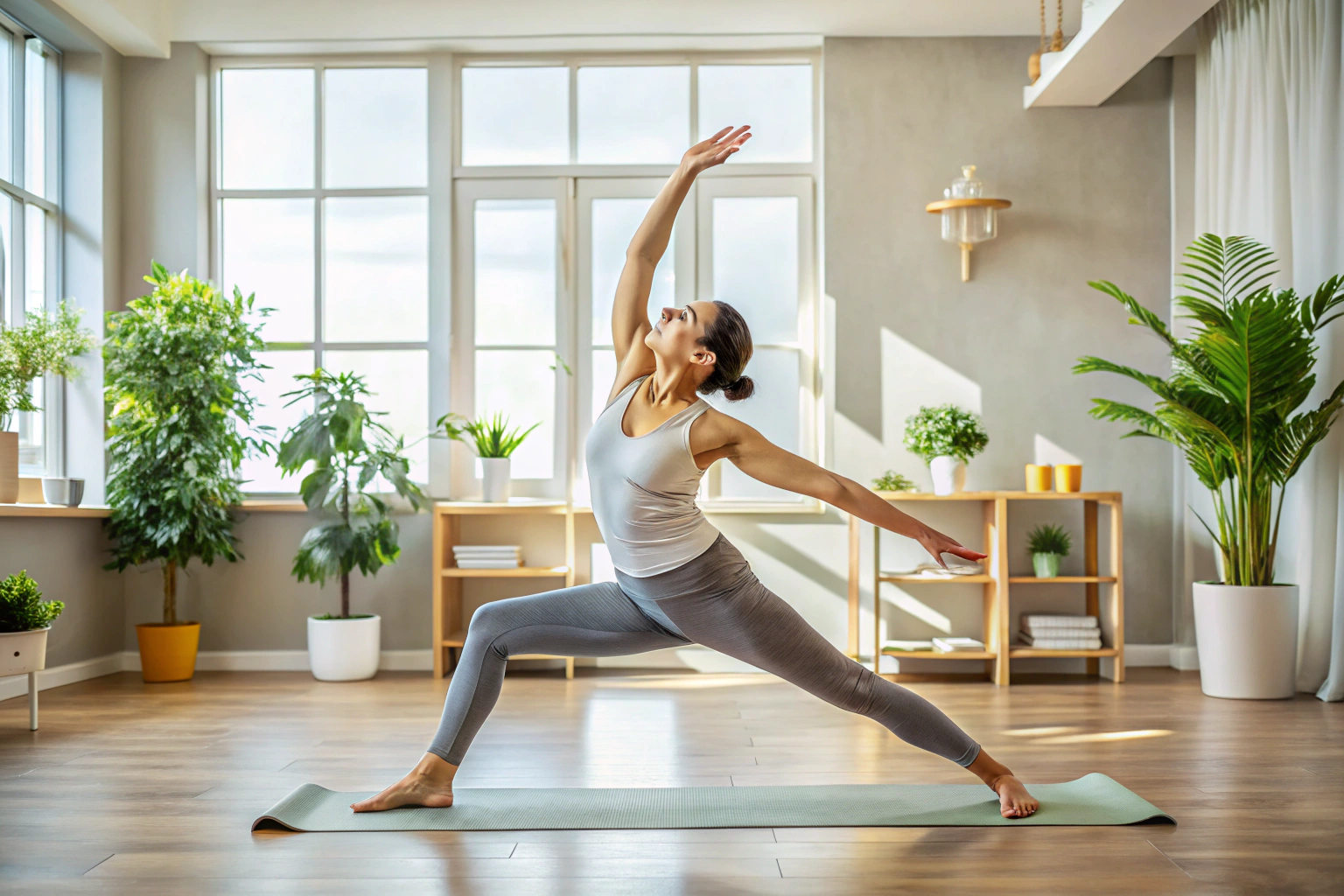 Eine Person, die verschiedene Yoga-Posen ausprobiert, in einem hellen, neutralen Raum ohne erkennbare Markierungen