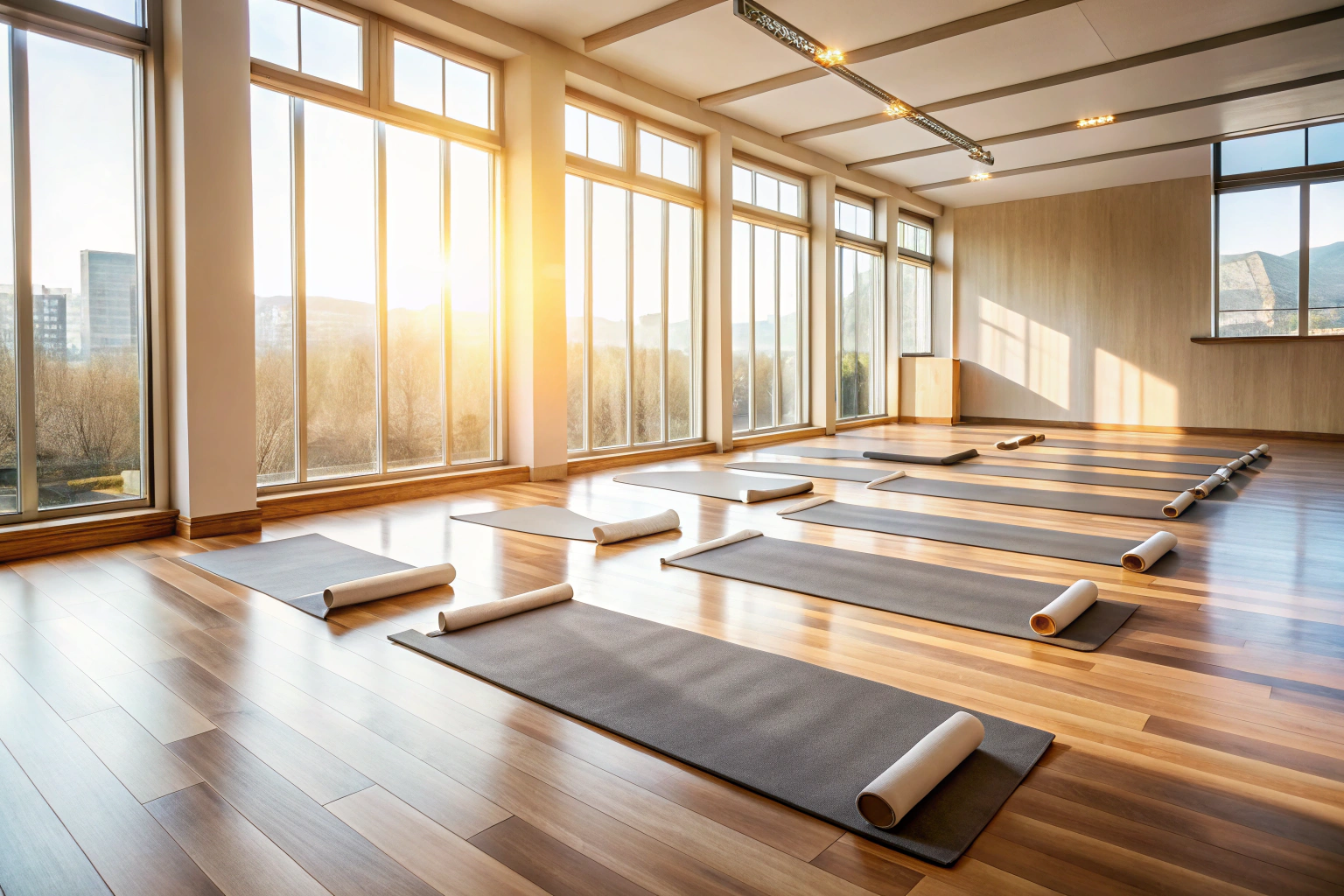 A peaceful and minimalist yoga studio scene with natural lighting, showing empty yoga mats aligned on a clean wooden floor, soft shadows creating a serene ambiance, no people or identifiable objects present